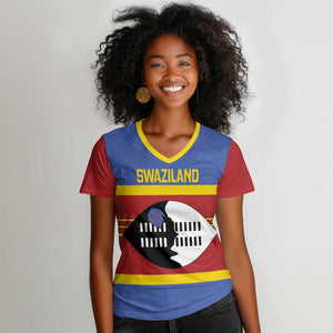 Afro Swaziland Women V-Neck T-Shirt Siyinqaba Eswatini Flag Style - African Pride