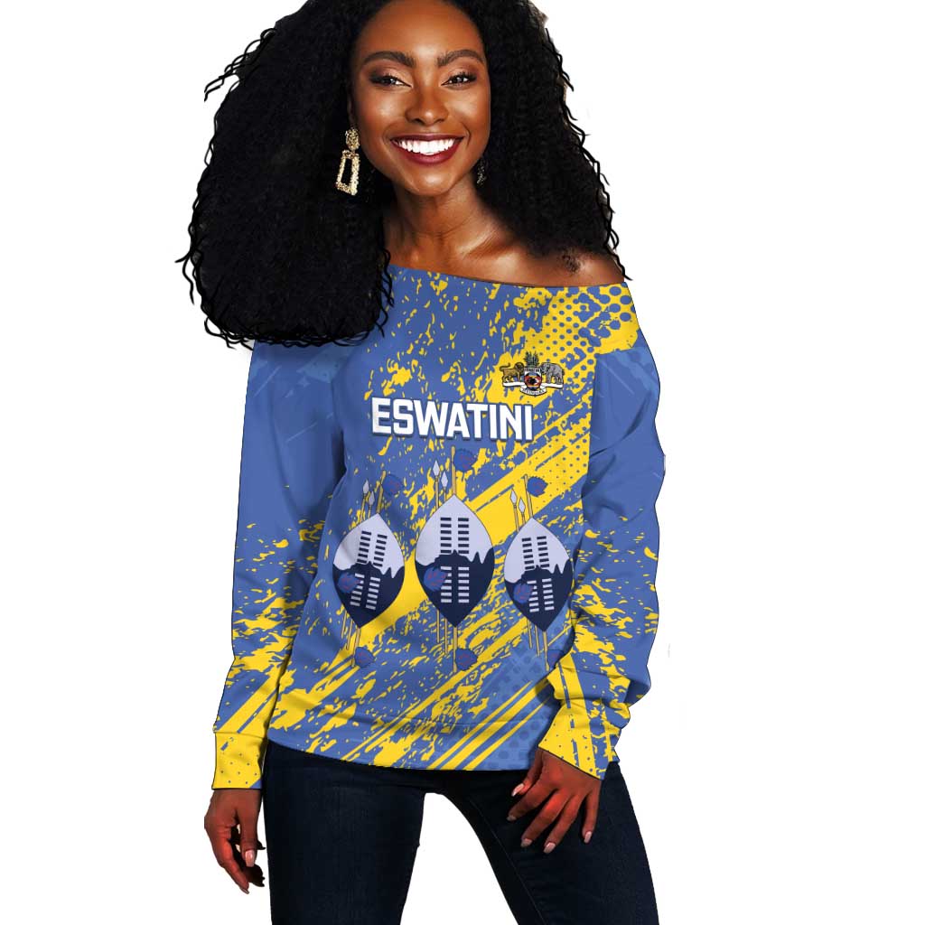 Eswatini Football Custom Off Shoulder Sweater Sihlangu Semnikati Blue - African Pride