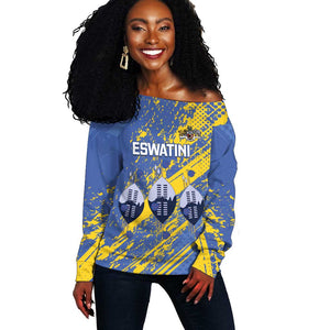 Eswatini Football Custom Off Shoulder Sweater Sihlangu Semnikati Blue - African Pride