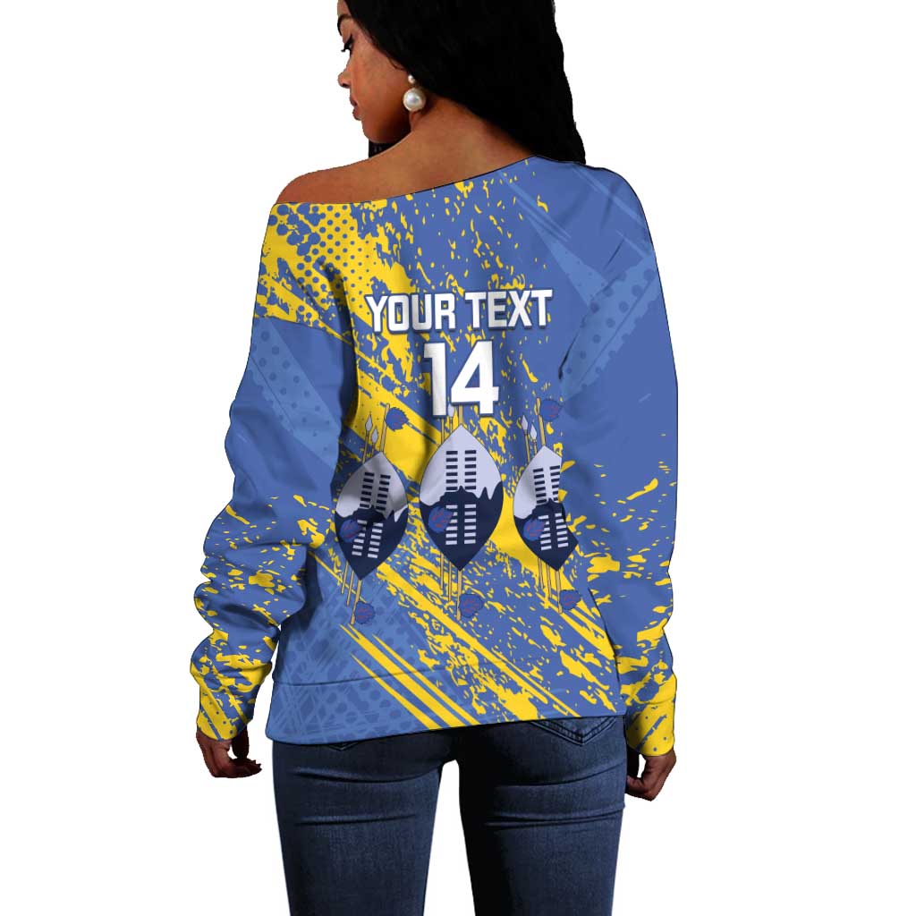 Eswatini Football Custom Off Shoulder Sweater Sihlangu Semnikati Blue - African Pride