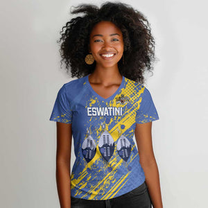 Eswatini Football Custom Women V-Neck T-Shirt Sihlangu Semnikati Blue - African Pride