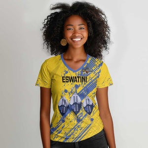 Eswatini Football Custom Women V-Neck T-Shirt Sihlangu Semnikati Yellow - African Pride