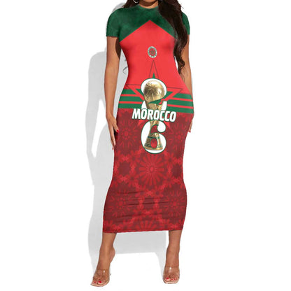 Personalized Morocco Football Short Sleeve Bodycon Dress 2026 Come On Atlas Lions - African Pride
