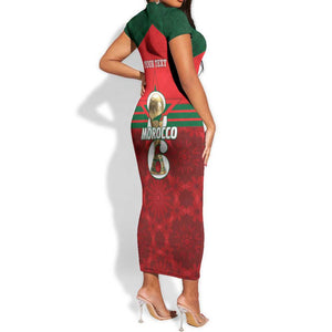 Personalized Morocco Football Short Sleeve Bodycon Dress 2026 Come On Atlas Lions - African Pride