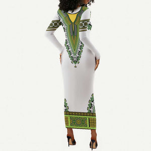 Africa Long Sleeve Bodycon Dress African Dashiki Royal Green Version LT14