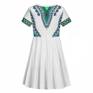 Africa Kid Short Sleeve Dress African Dashiki Royal Turquoise Version