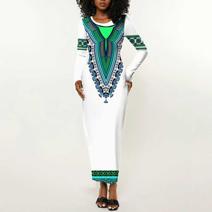 Africa Long Sleeve Bodycon Dress African Dashiki Royal Turquoise Version LT14