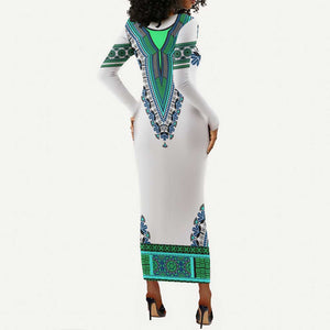 Africa Long Sleeve Bodycon Dress African Dashiki Royal Turquoise Version LT14