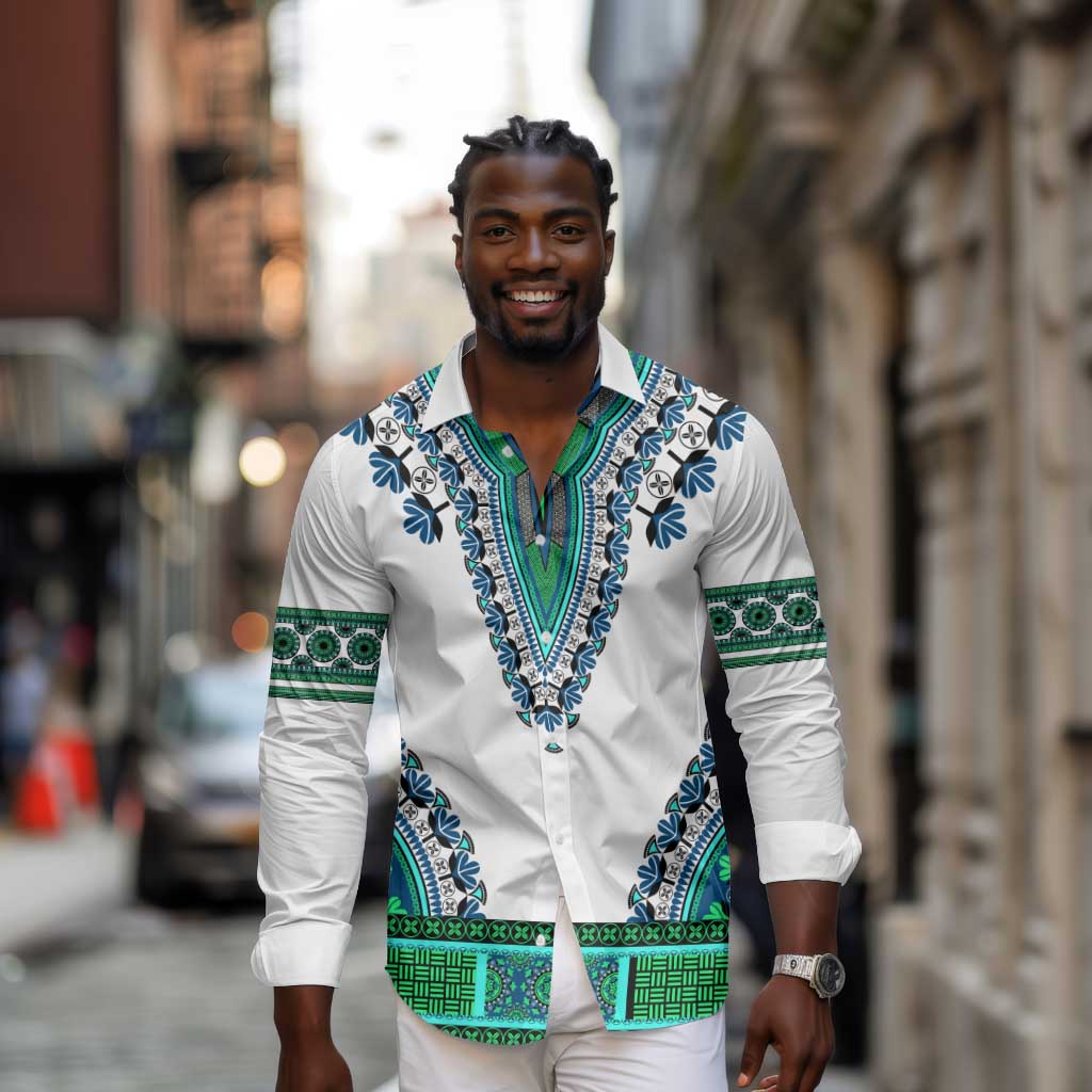 Africa Long Sleeve Button Shirt African Dashiki Royal Turquoise Version