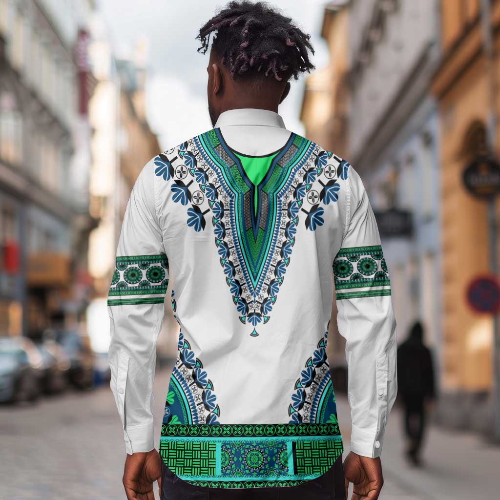 Africa Long Sleeve Button Shirt African Dashiki Royal Turquoise Version