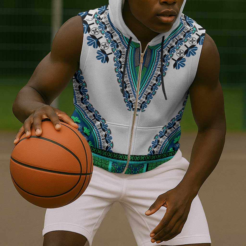 Africa Sleeveless Zip Hoodie African Dashiki Royal Turquoise Version - African Pride