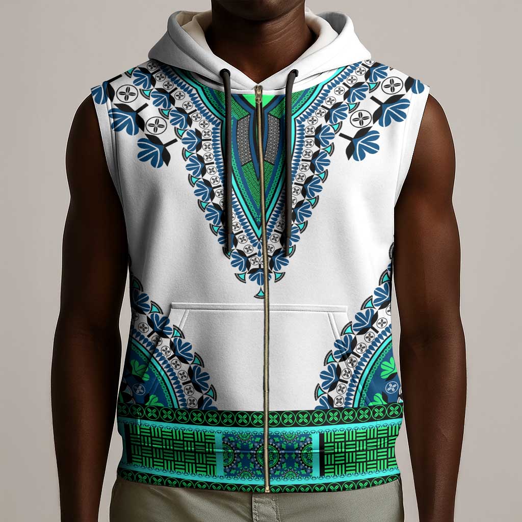Africa Sleeveless Zip Hoodie African Dashiki Royal Turquoise Version - African Pride