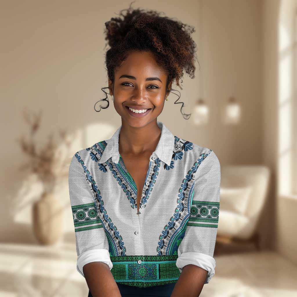 Africa Women Casual Shirt African Dashiki Royal Turquoise Version LT14