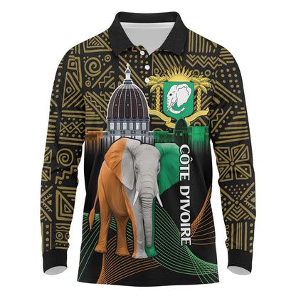 Personalized Cote dIvoire Independence Day Long Sleeve Polo Shirt Ivory Coast Elephant African Pattern