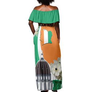 Personalized Ivory Coast Independence Day Off Shoulder Maxi Dress Ornithogalum Arabicum Happy 64 Years Anniversary