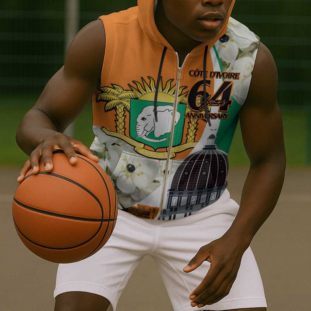 Personalized Ivory Coast Independence Day Sleeveless Zip Hoodie Ornithogalum Arabicum Happy 64 Years Anniversary - African Pride