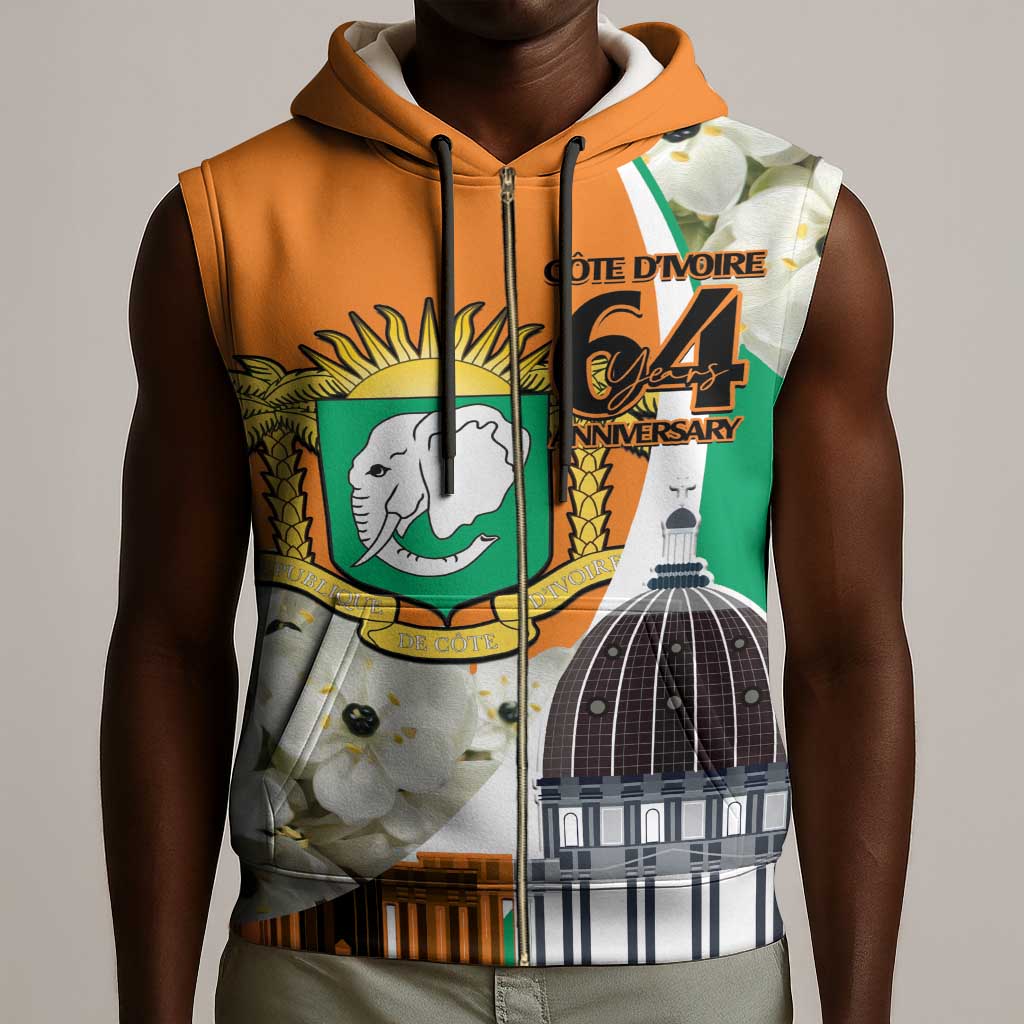 Personalized Ivory Coast Independence Day Sleeveless Zip Hoodie Ornithogalum Arabicum Happy 64 Years Anniversary - African Pride