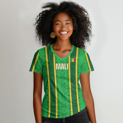 Mali Basketball Custom Women V-Neck T-Shirt Mud Cloth Bogolan Pattern