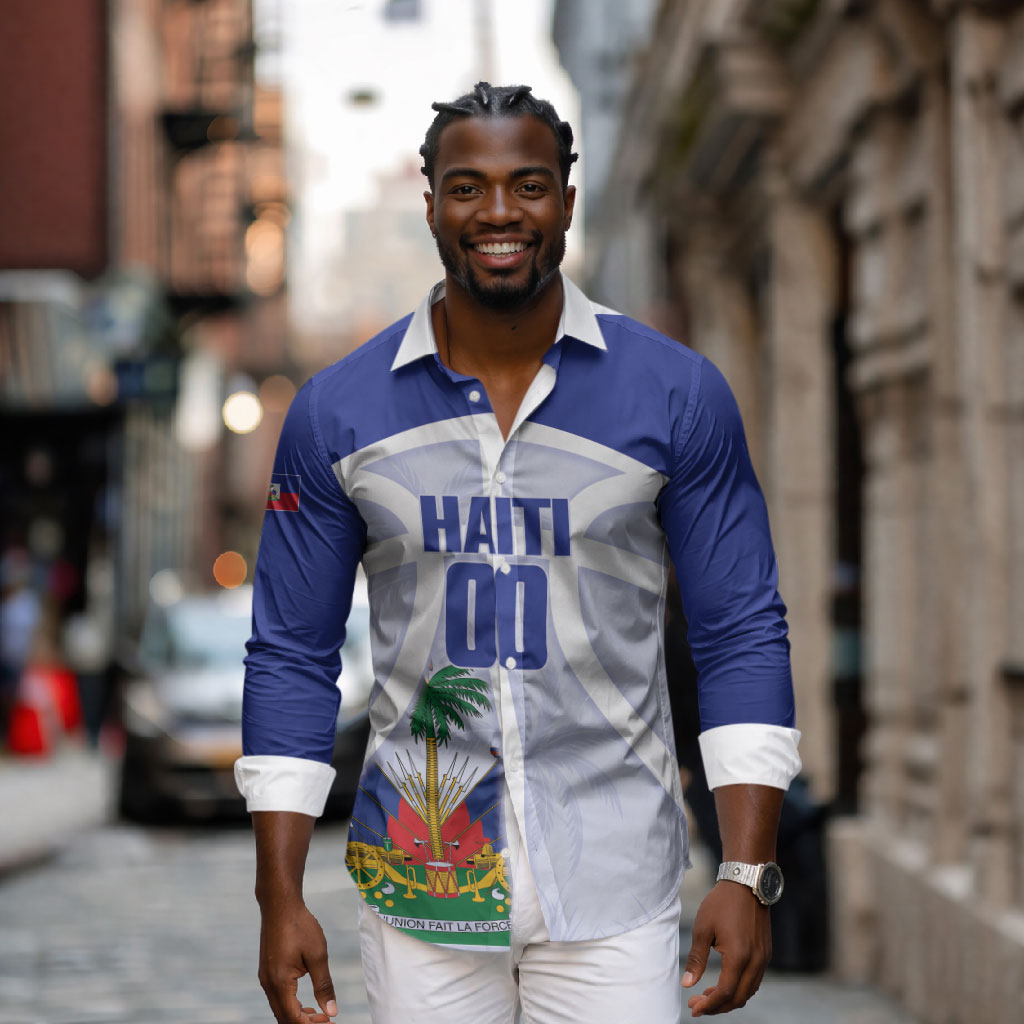 Haiti Basketball Custom Long Sleeve Button Shirt Ayiti Coat Of Arms White Sporty Style