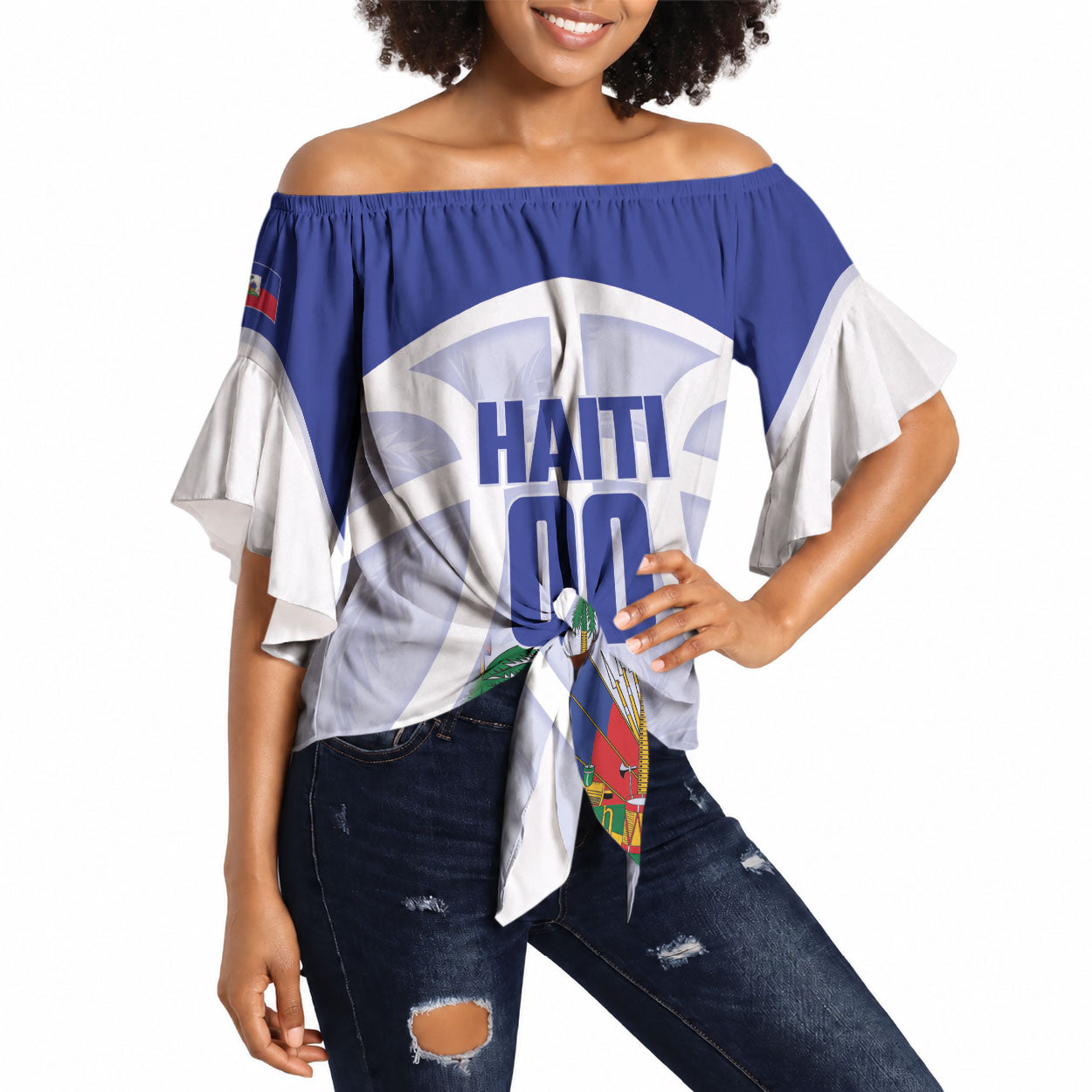 Haiti Basketball Custom Off Shoulder Wrap Waist Top Ayiti Coat Of Arms White Sporty Style