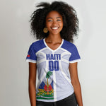 Haiti Basketball Custom Women V-Neck T-Shirt Ayiti Coat Of Arms White Sporty Style