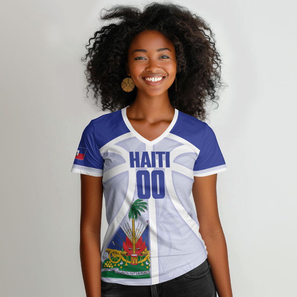 Haiti Basketball Custom Women V-Neck T-Shirt Ayiti Coat Of Arms White Sporty Style