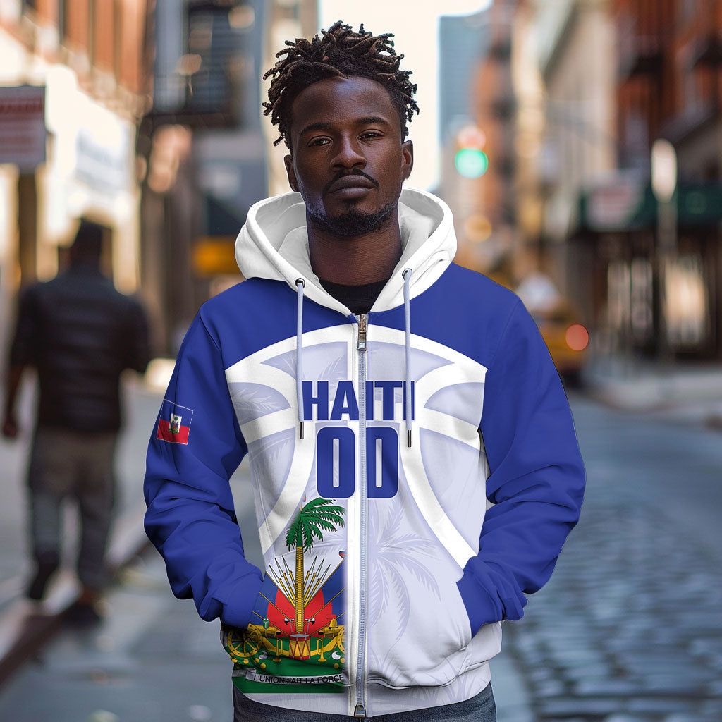 Haiti Basketball Custom Zip Hoodie Ayiti Coat Of Arms White Sporty Style
