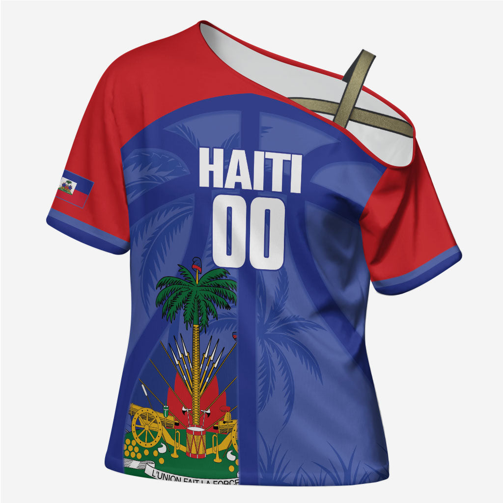 Haiti Basketball Custom Cross Shoulder Shirt Ayiti Coat Of Arms Blue Sporty Style