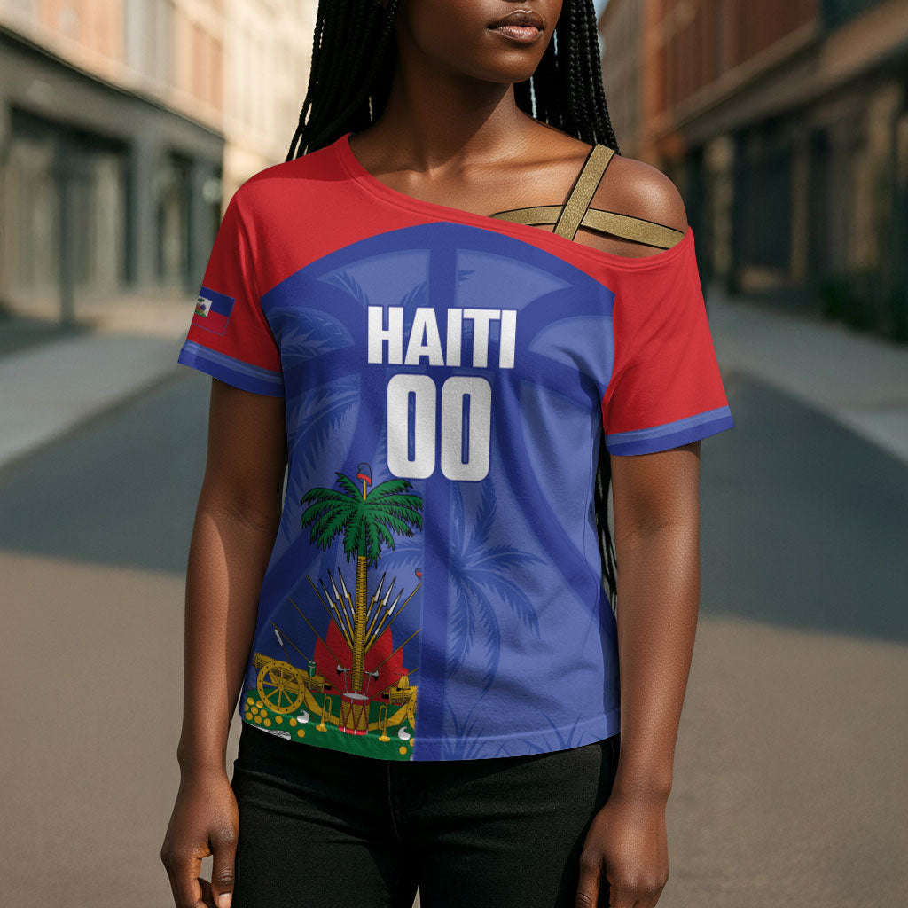Haiti Basketball Custom Cross Shoulder Shirt Ayiti Coat Of Arms Blue Sporty Style