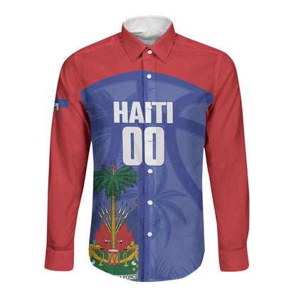 Haiti Basketball Custom Long Sleeve Button Shirt Ayiti Coat Of Arms Blue Sporty Style