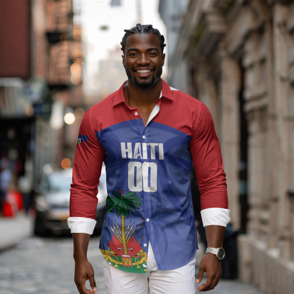 Haiti Basketball Custom Long Sleeve Button Shirt Ayiti Coat Of Arms Blue Sporty Style