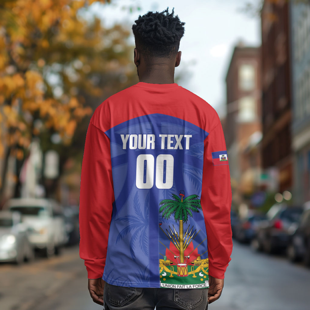 Haiti Basketball Custom Long Sleeve Shirt Ayiti Coat Of Arms Blue Sporty Style