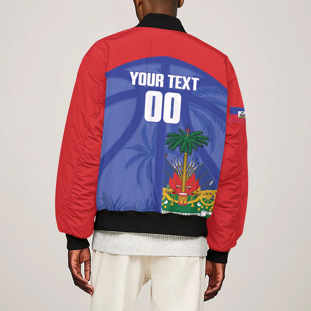Haiti Basketball Custom Sleeve Zip Bomber Jacket Ayiti Coat Of Arms Blue Sporty Style