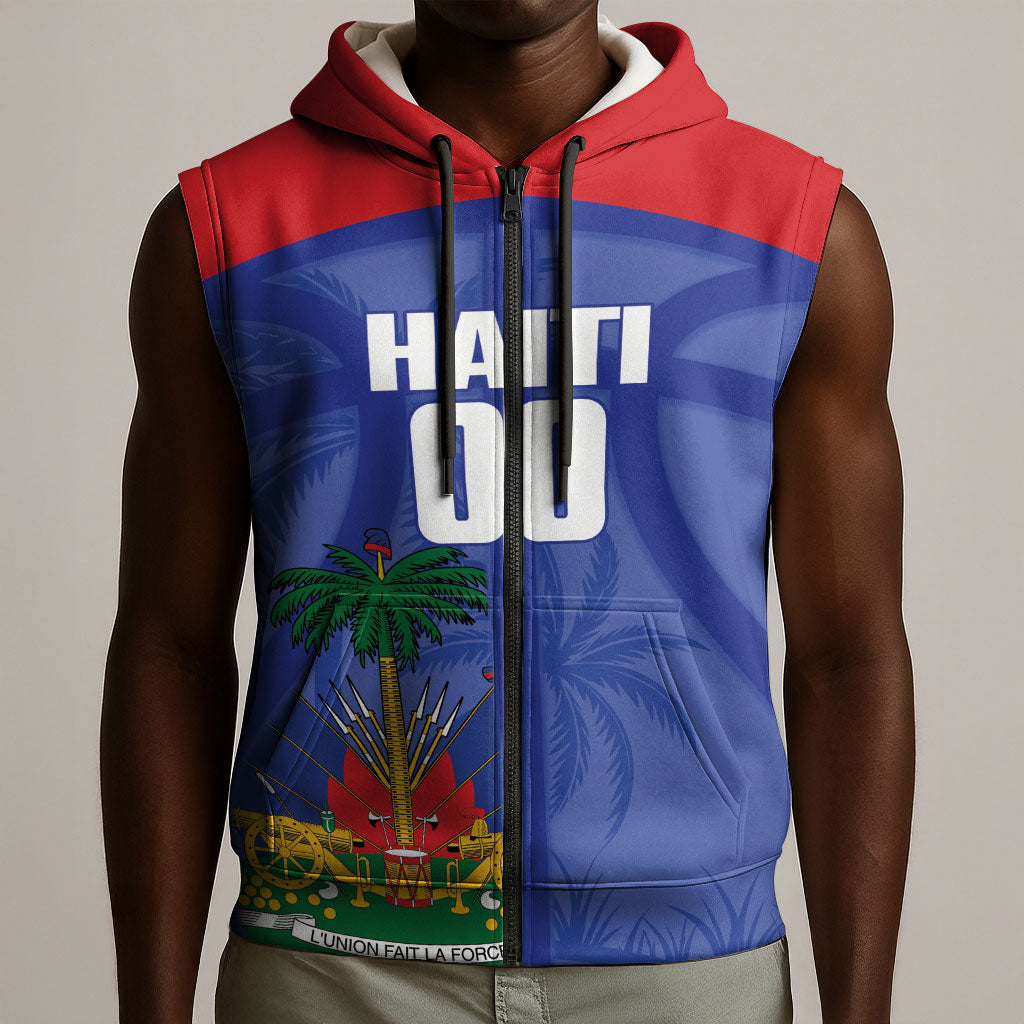 Haiti Basketball Custom Sleeveless Zip Hoodie Ayiti Coat Of Arms Blue Sporty Style