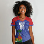Haiti Basketball Custom Women V-Neck T-Shirt Ayiti Coat Of Arms Blue Sporty Style