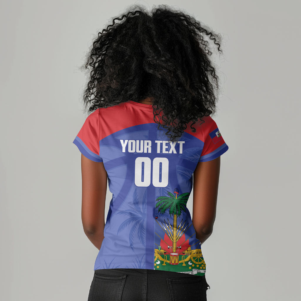 Haiti Basketball Custom Women V-Neck T-Shirt Ayiti Coat Of Arms Blue Sporty Style