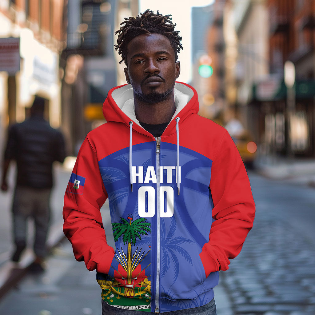 Haiti Basketball Custom Zip Hoodie Ayiti Coat Of Arms Blue Sporty Style