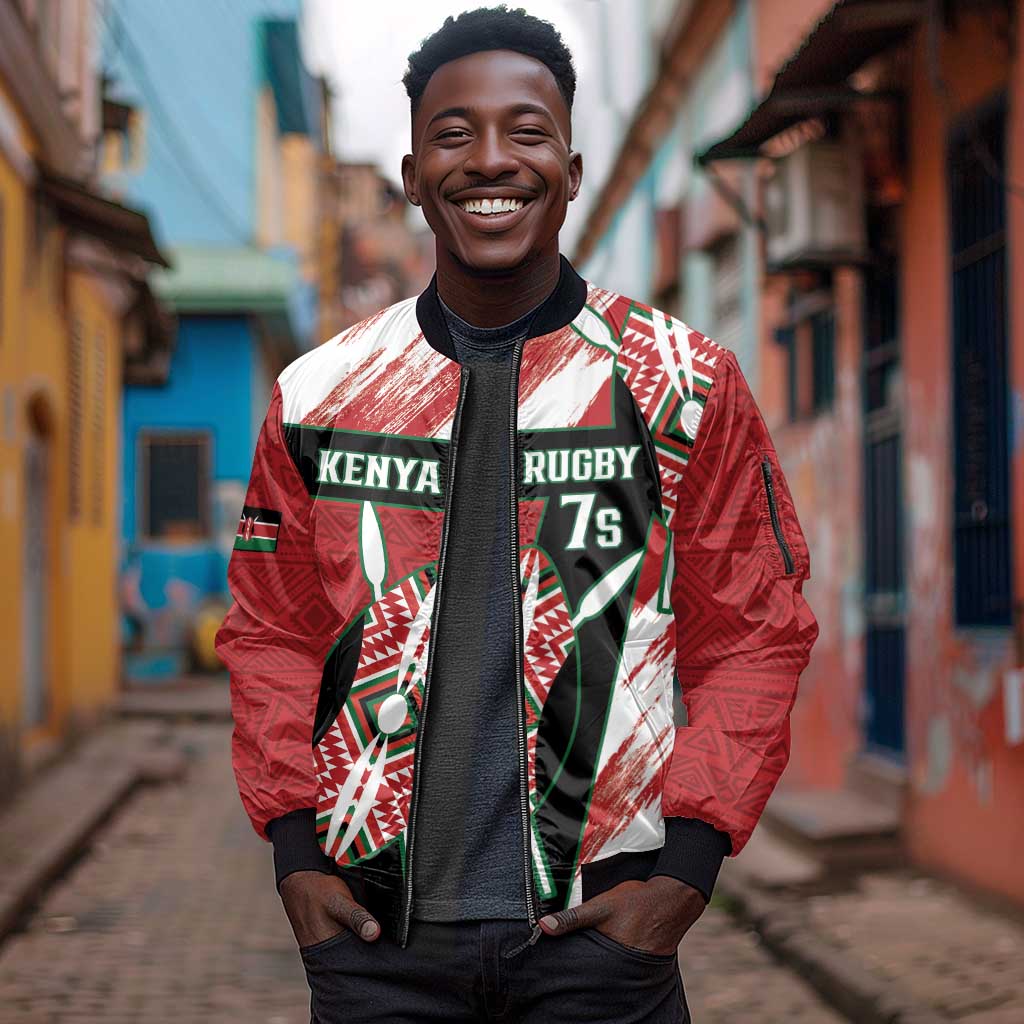 Custom Kenya Rugby Sevens Sleeve Zip Bomber Jacket Maasai Shield With African Pattern