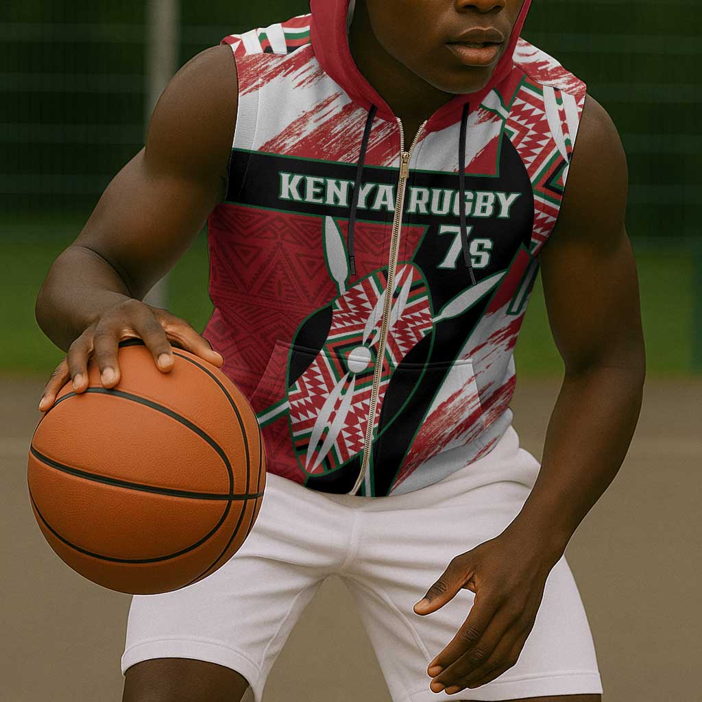 Custom Kenya Rugby Sevens Sleeveless Zip Hoodie Maasai Shield With African Pattern - African Pride