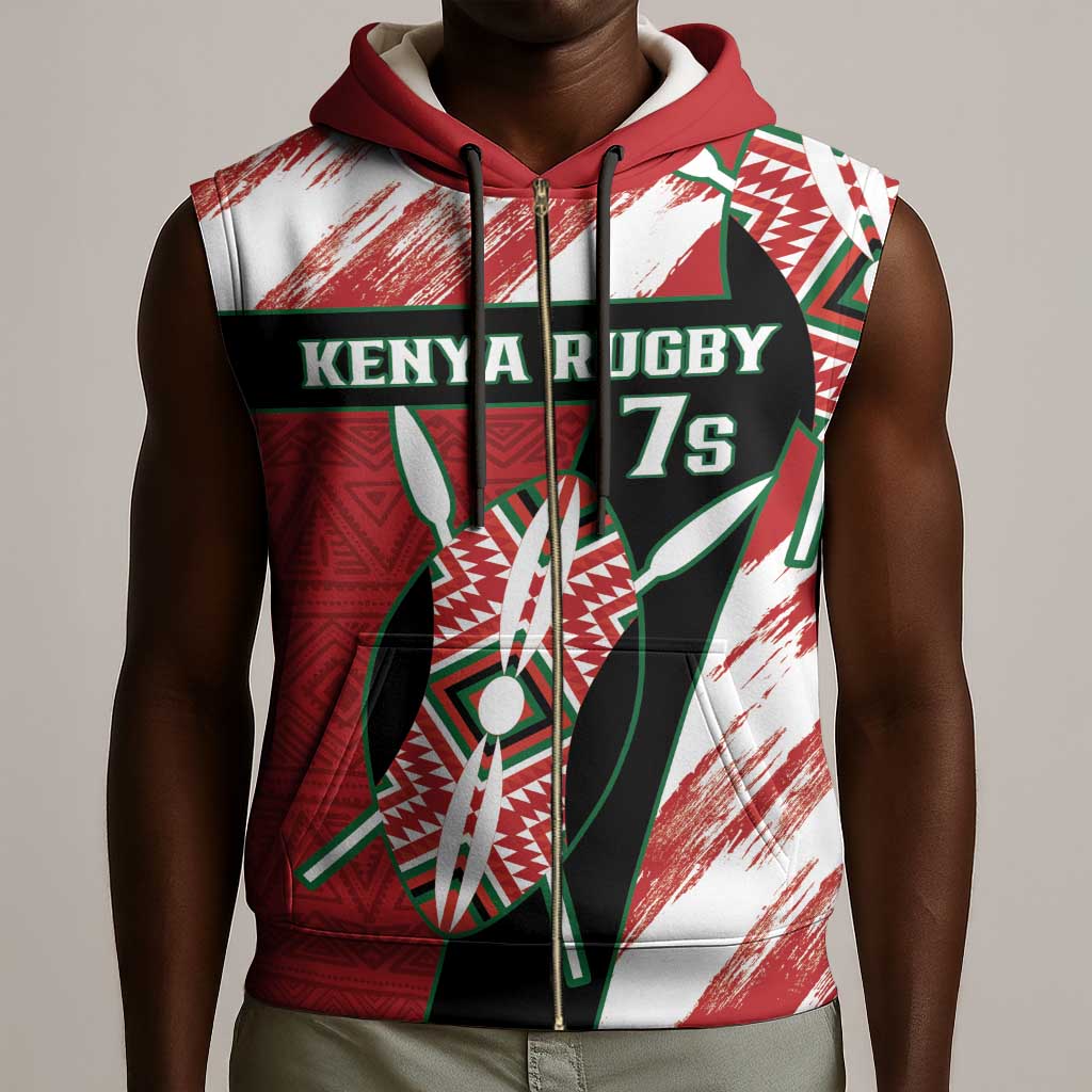 Custom Kenya Rugby Sevens Sleeveless Zip Hoodie Maasai Shield With African Pattern - African Pride