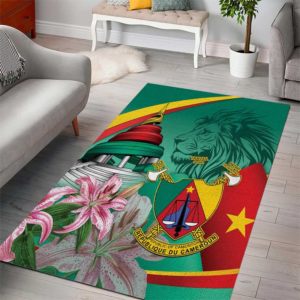 Monument de la Reunification Cameroun Area Rug Coat Of Arms With Lily Flowers