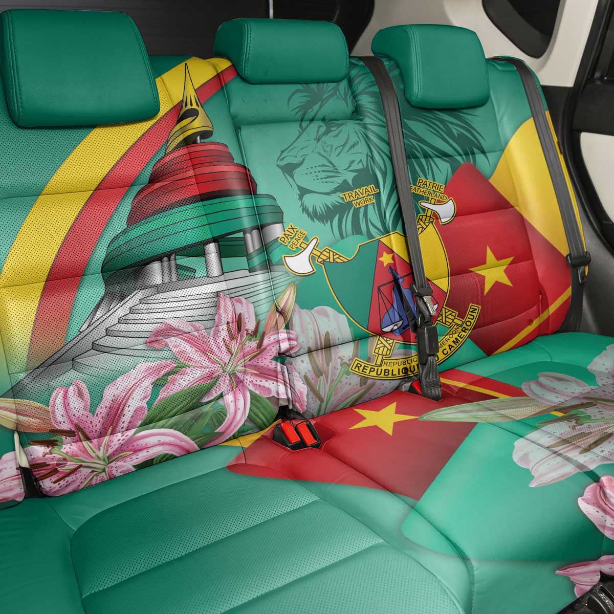 Monument de la Reunification Cameroun Back Car Seat Cover Coat Of Arms With Lily Flowers