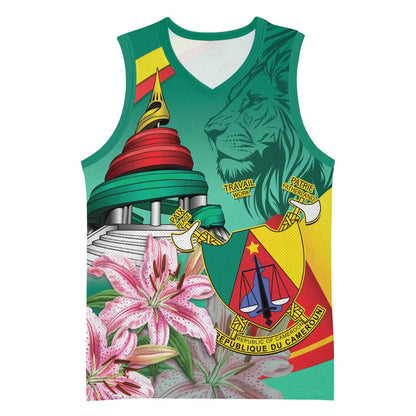 Monument de la Reunification Cameroun Basketball Jersey Coat Of Arms With Lily Flowers - African Pride