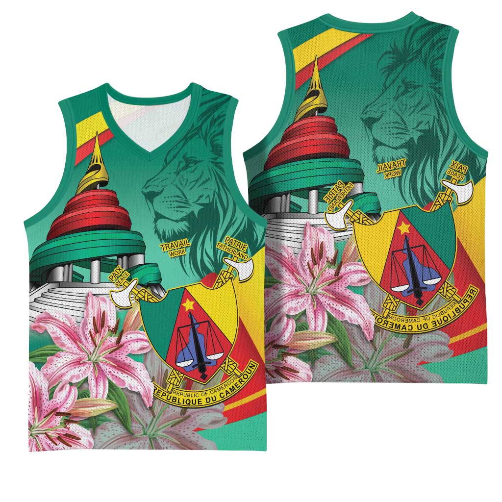 Monument de la Reunification Cameroun Basketball Jersey Coat Of Arms With Lily Flowers - African Pride