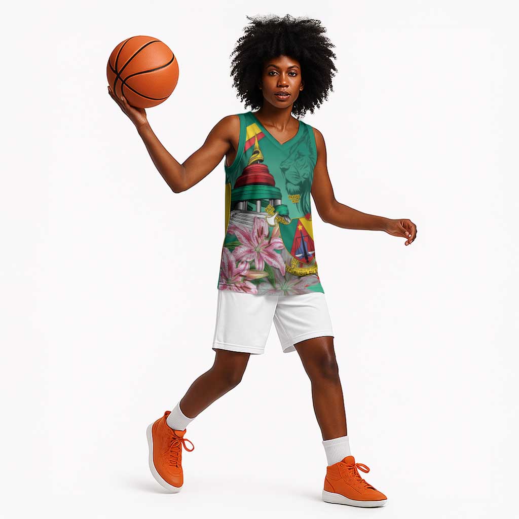 Monument de la Reunification Cameroun Basketball Jersey Coat Of Arms With Lily Flowers - African Pride