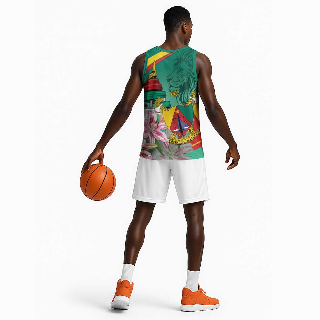 Monument de la Reunification Cameroun Basketball Jersey Coat Of Arms With Lily Flowers - African Pride