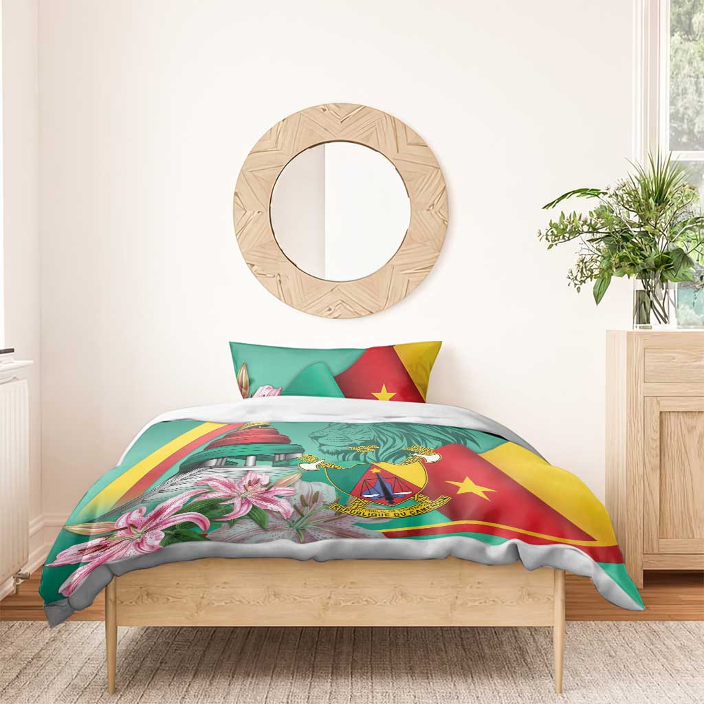 Monument de la Reunification Cameroun Bedding Set Coat Of Arms With Lily Flowers