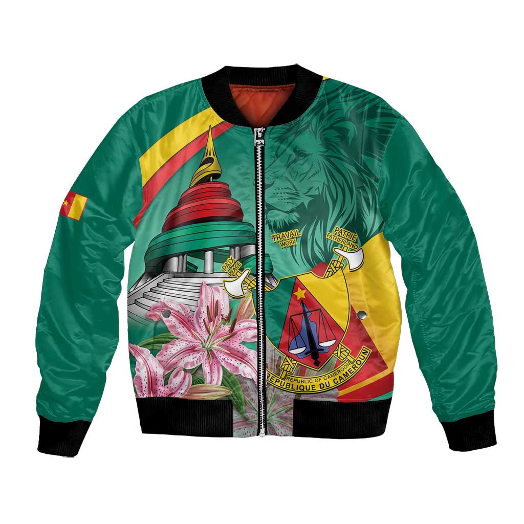 Monument de la Reunification Cameroun Bomber Jacket Coat Of Arms With Lily Flowers