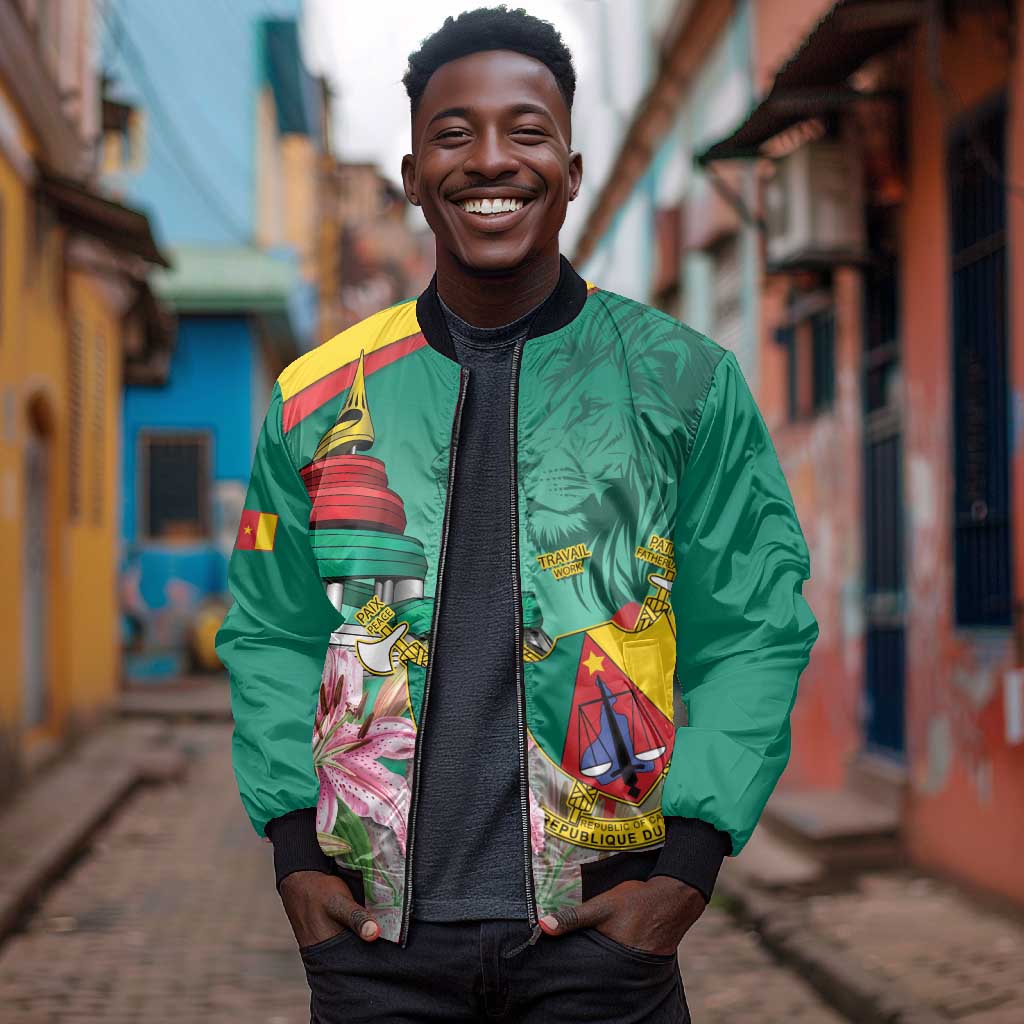 Monument de la Reunification Cameroun Bomber Jacket Coat Of Arms With Lily Flowers
