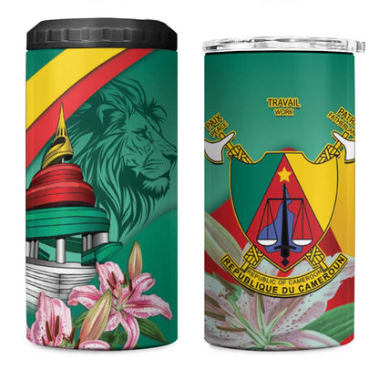 Monument de la Reunification Cameroun 4 in 1 Can Cooler Tumbler Coat Of Arms With Lily Flowers